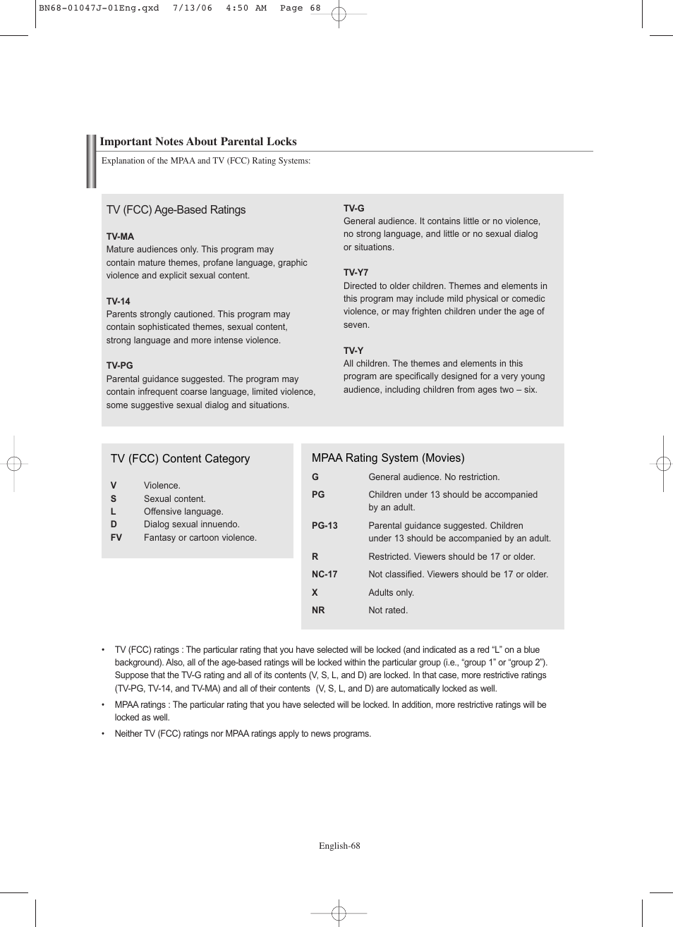 Important notes about parental locks | Samsung LNS4695DX-XAA User Manual | Page 70 / 275