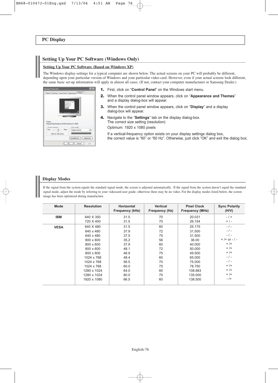 Pc display, Setting up your pc software (windows only), Display modes | Samsung LNS4695DX-XAA User Manual | Page 78 / 275