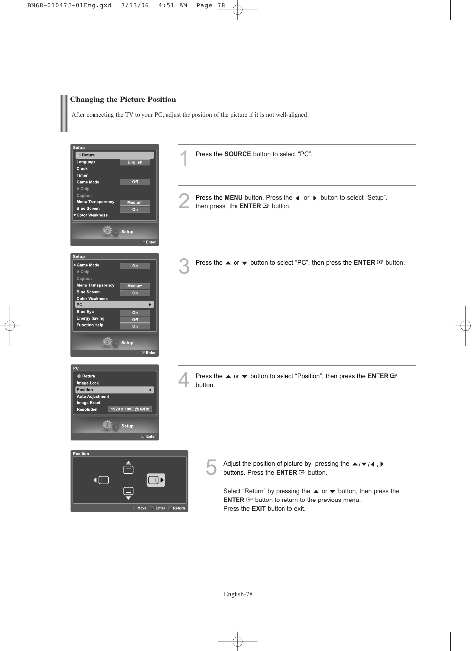 Changing the picture position | Samsung LNS4695DX-XAA User Manual | Page 80 / 275