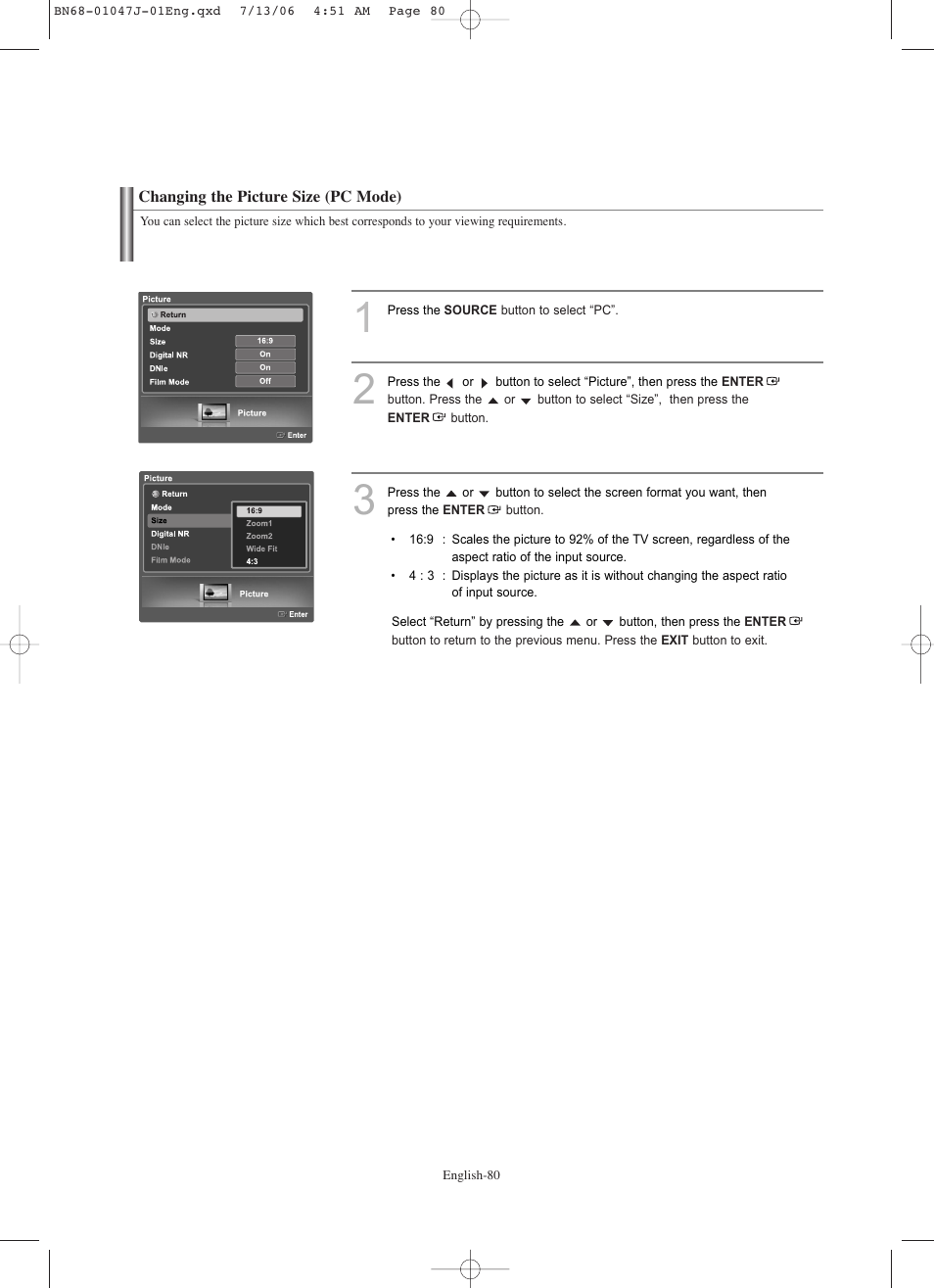 Changing the picture size (pc mode) | Samsung LNS4695DX-XAA User Manual | Page 82 / 275