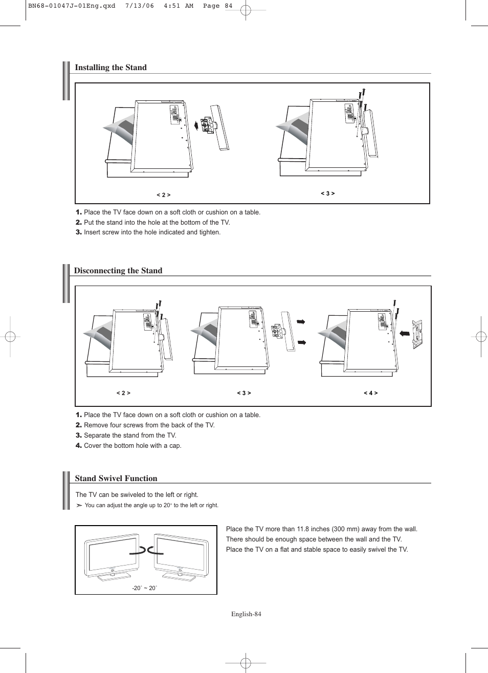 Installing the stand, Disconnecting the stand, Stand swivel function | Samsung LNS4695DX-XAA User Manual | Page 86 / 275