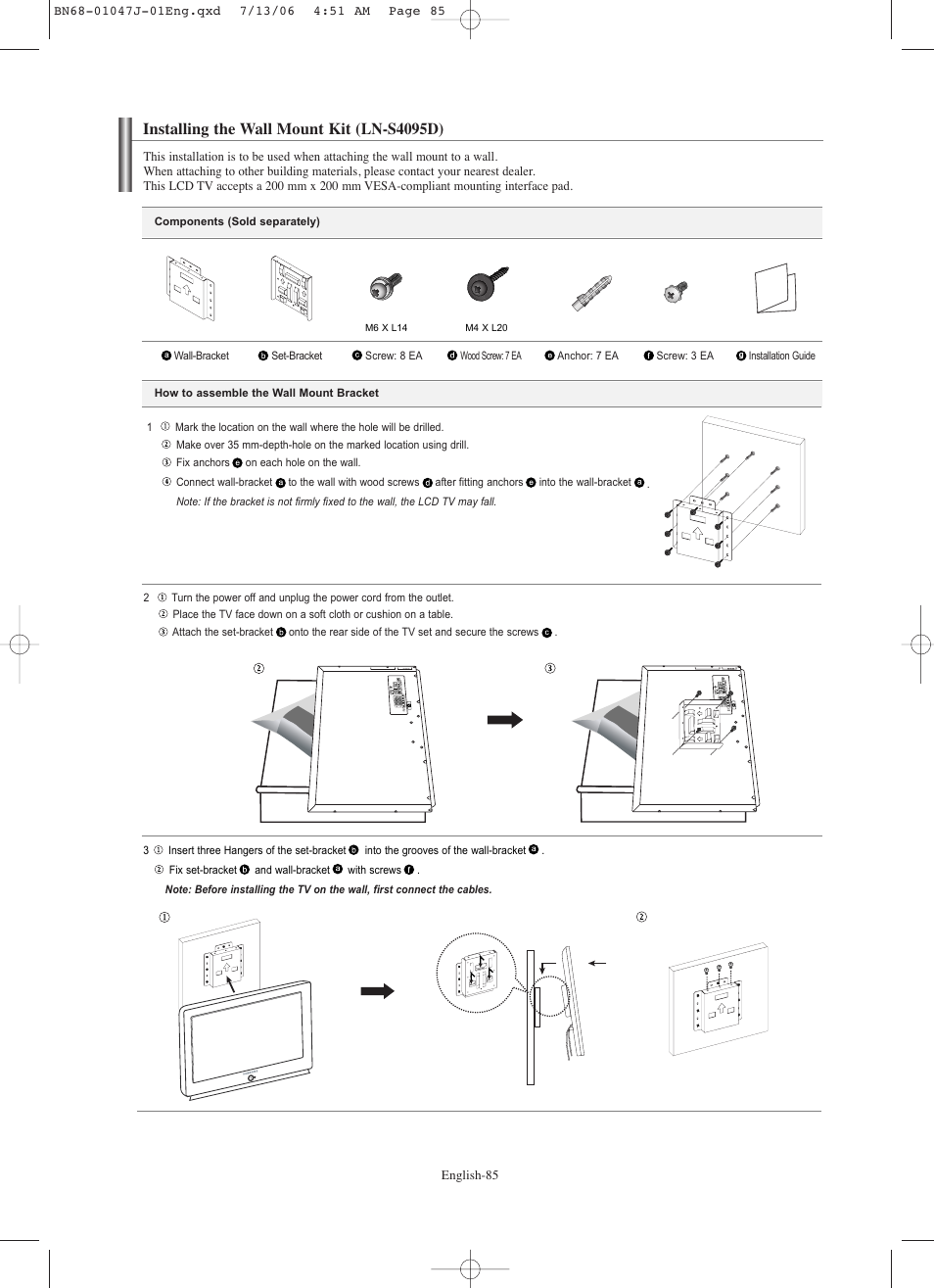 Installing the wall mount kit (ln-s4095d) | Samsung LNS4695DX-XAA User Manual | Page 87 / 275