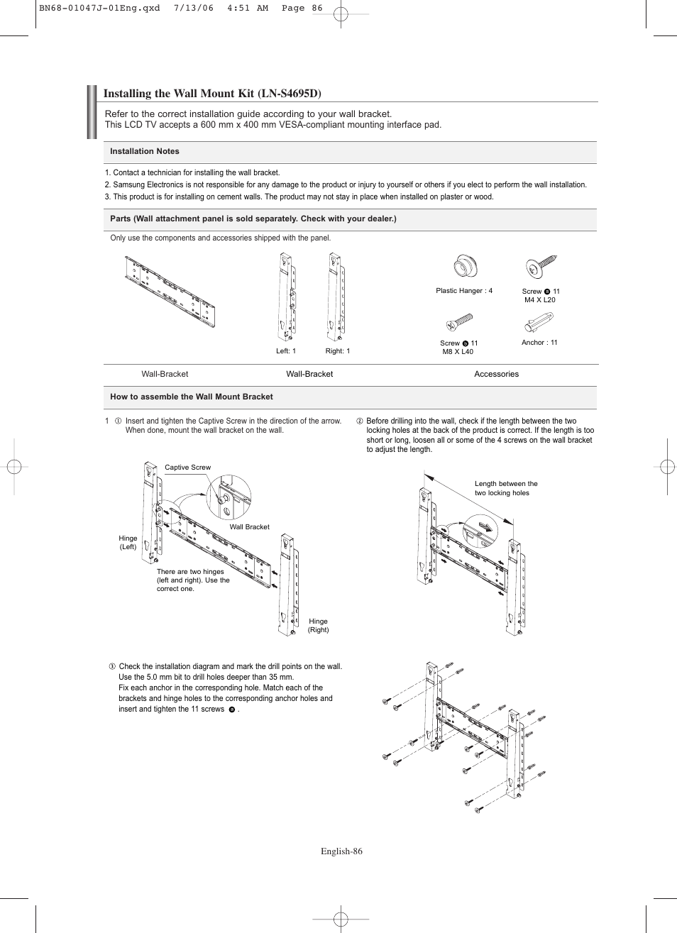Installing the wall mount kit (ln-s4695d) | Samsung LNS4695DX-XAA User Manual | Page 88 / 275