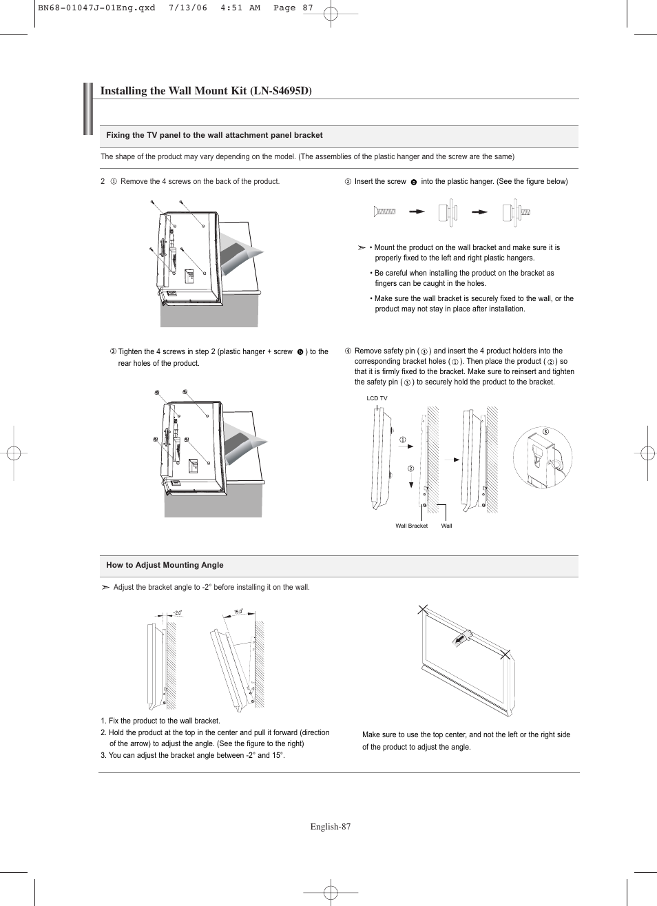 Installing the wall mount kit (ln-s4695d) | Samsung LNS4695DX-XAA User Manual | Page 89 / 275