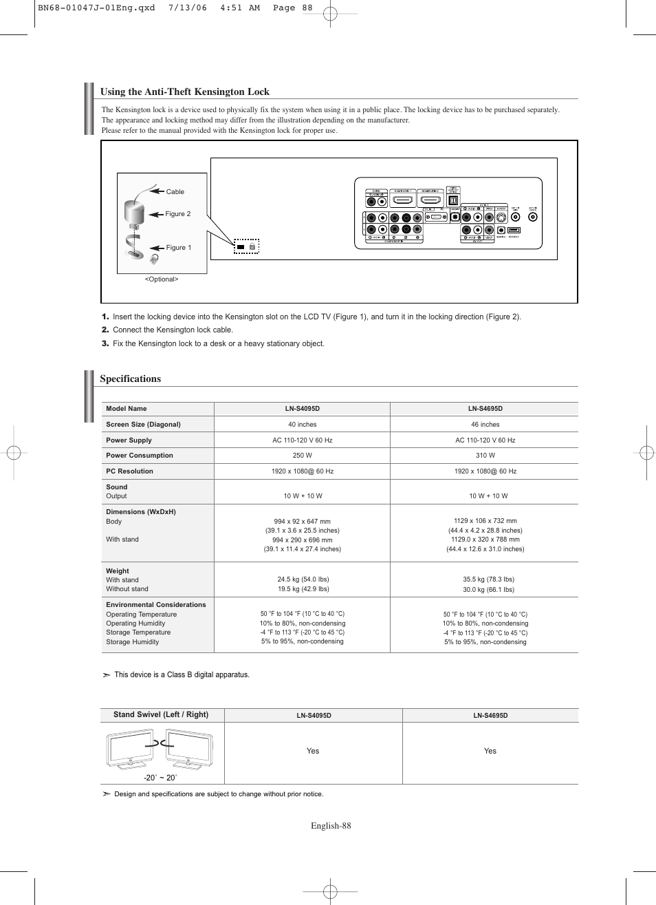 Using the anti-theft kensington lock, Specifications | Samsung LNS4695DX-XAA User Manual | Page 90 / 275