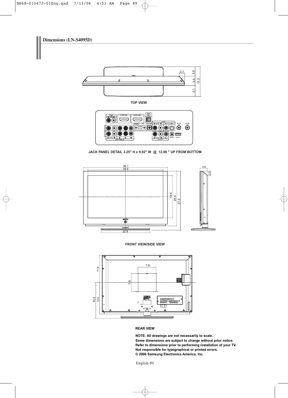 Dimensions (ln-s4095d) | Samsung LNS4695DX-XAA User Manual | Page 91 / 275