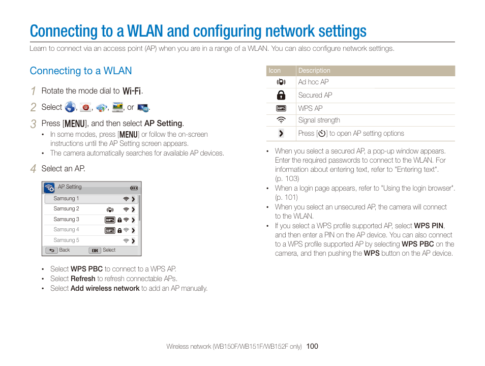 Connecting to a wlan, Connecting to a wlan and conﬁguring, Network settings | Connecting to a wlan ………………… 100 | Samsung EC-WB150FBPBUS User Manual | Page 101 / 160