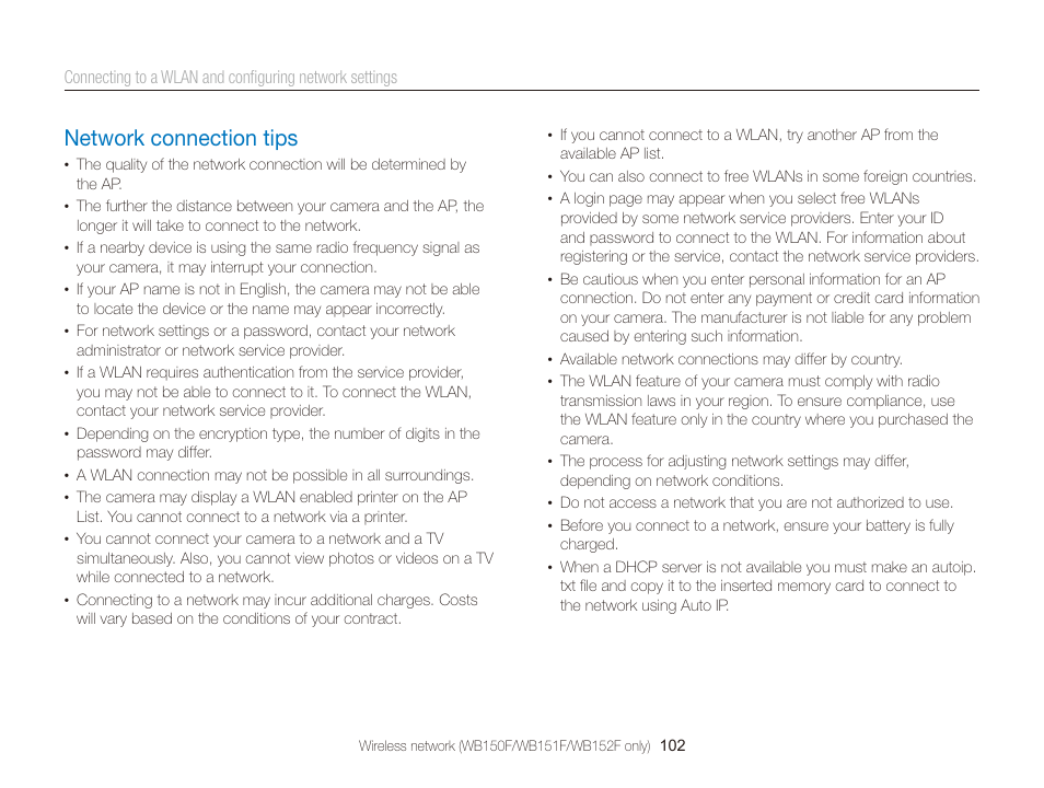 Network connection tips, Network connection tips ……………… 102 | Samsung EC-WB150FBPBUS User Manual | Page 103 / 160