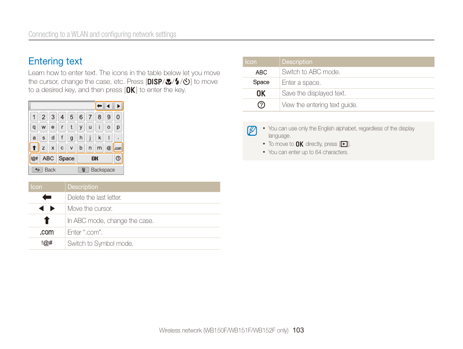 Entering text, Entering text …………………………… 103 | Samsung EC-WB150FBPBUS User Manual | Page 104 / 160