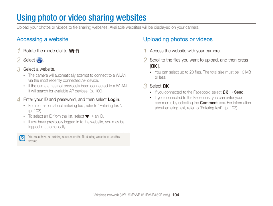Using photo or video sharing websites, Accessing a website, Uploading photos or videos | Using photo or video sharing, Websites, Accessing a website …………………… 104, Uploading photos or videos …………… 104 | Samsung EC-WB150FBPBUS User Manual | Page 105 / 160