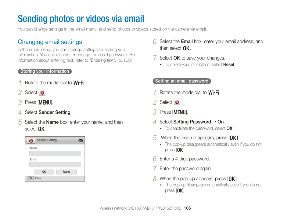 Sending photos or videos via email, Changing email settings, Changing email settings ……………… 106 | Samsung EC-WB150FBPBUS User Manual | Page 107 / 160