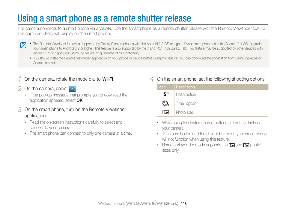 Using a smart phone as a remote shutter release, Using a smart phone as a remote, Shutter release | Samsung EC-WB150FBPBUS User Manual | Page 111 / 160