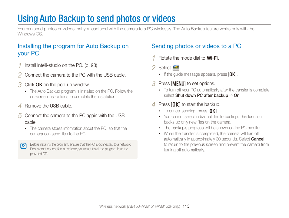 Using auto backup to send photos or videos, Installing the program for auto backup on your pc, Sending photos or videos to a pc | Using auto backup to send photos, Or videos, Installing the program for auto backup, On your pc …………………………… 113, Sending photos or videos to a pc …… 113 | Samsung EC-WB150FBPBUS User Manual | Page 114 / 160