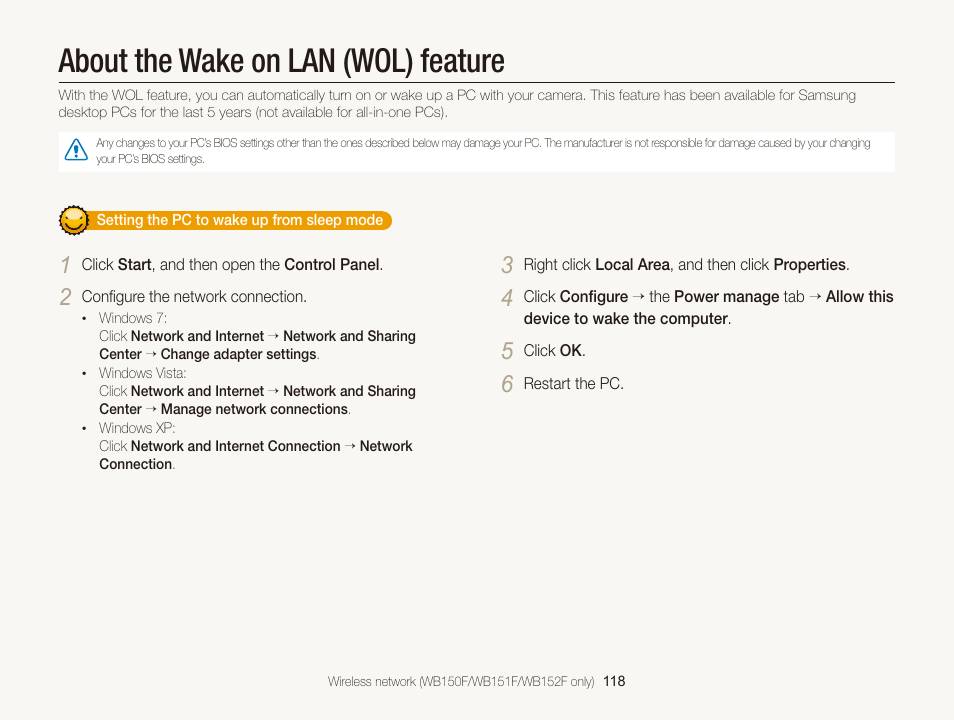 About the wake on lan (wol) feature, About the wake on lan (wol), Feature | Samsung EC-WB150FBPBUS User Manual | Page 119 / 160