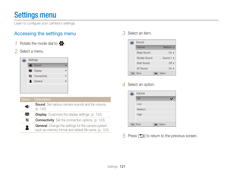 Settings menu, Accessing the settings menu, Accessing the settings menu ……………………… 121 | Samsung EC-WB150FBPBUS User Manual | Page 122 / 160