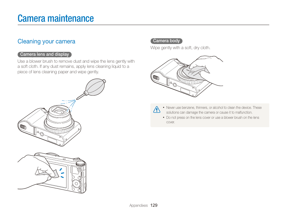 Camera maintenance, Cleaning your camera, Cleaning your camera ……………………………… 129 | Samsung EC-WB150FBPBUS User Manual | Page 130 / 160