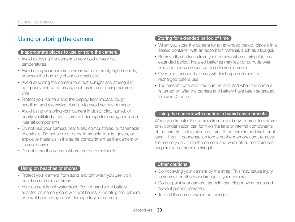 Using or storing the camera, Using or storing the camera ………………………… 130 | Samsung EC-WB150FBPBUS User Manual | Page 131 / 160