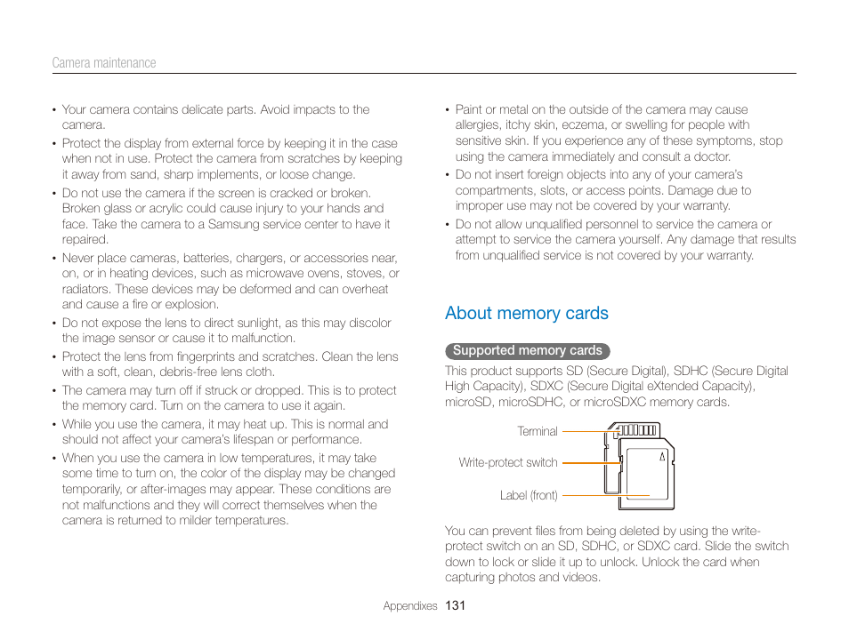 About memory cards, About memory cards ……………………………… 131 | Samsung EC-WB150FBPBUS User Manual | Page 132 / 160
