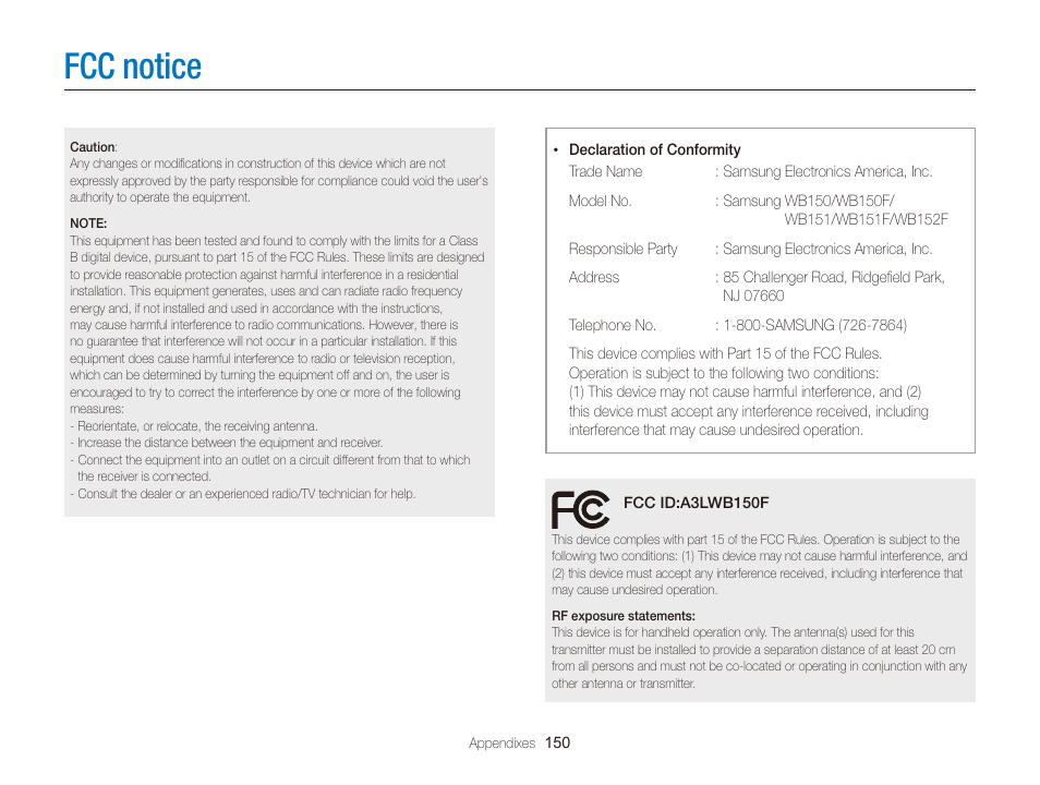 Fcc notice | Samsung EC-WB150FBPBUS User Manual | Page 151 / 160