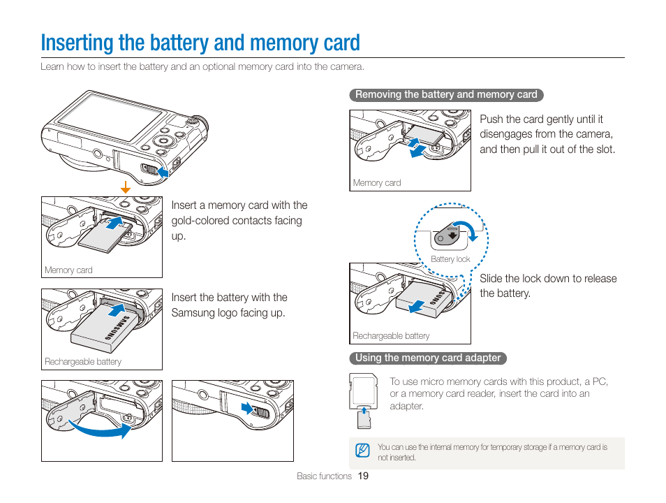 Inserting the battery and memory card | Samsung EC-WB150FBPBUS User Manual | Page 20 / 160