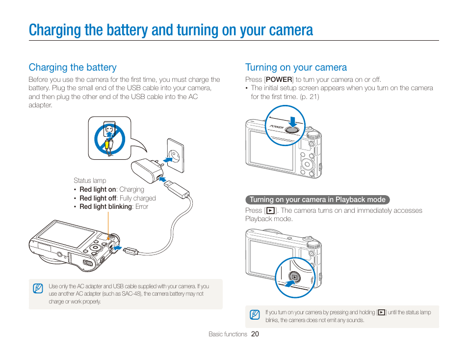 Charging the battery and turning on your camera, Charging the battery, Turning on your camera | Charging the battery and turning on, Your camera, Charging the battery ……………………… 20, Turning on your camera ………………… 20 | Samsung EC-WB150FBPBUS User Manual | Page 21 / 160