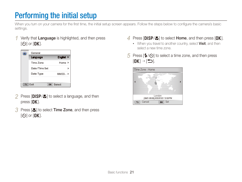 Performing the initial setup | Samsung EC-WB150FBPBUS User Manual | Page 22 / 160