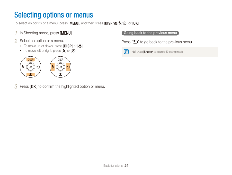 Selecting options or menus | Samsung EC-WB150FBPBUS User Manual | Page 25 / 160