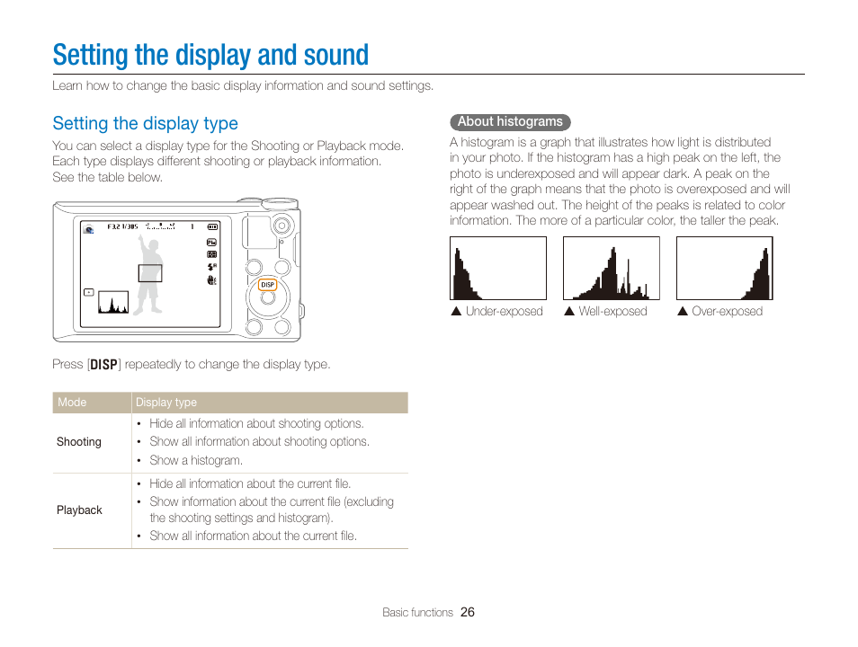 Setting the display and sound, Setting the display type, Setting the display type …………………… 26 | Samsung EC-WB150FBPBUS User Manual | Page 27 / 160