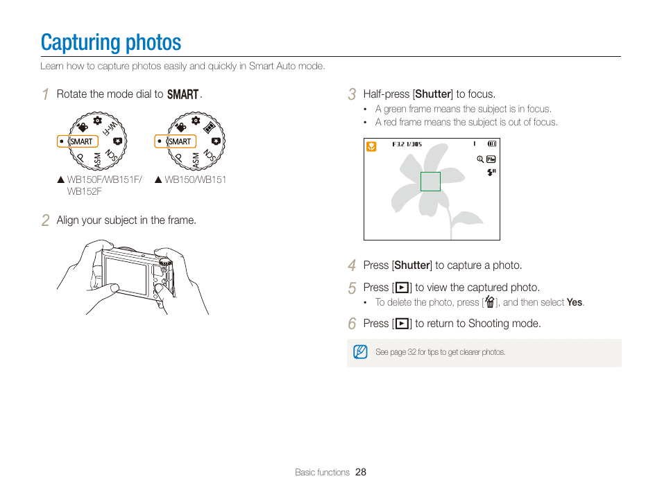 Capturing photos | Samsung EC-WB150FBPBUS User Manual | Page 29 / 160