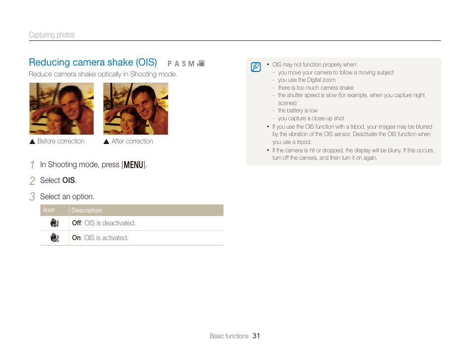 Reducing camera shake (ois), Reducing camera shake (ois) …………… 31 | Samsung EC-WB150FBPBUS User Manual | Page 32 / 160