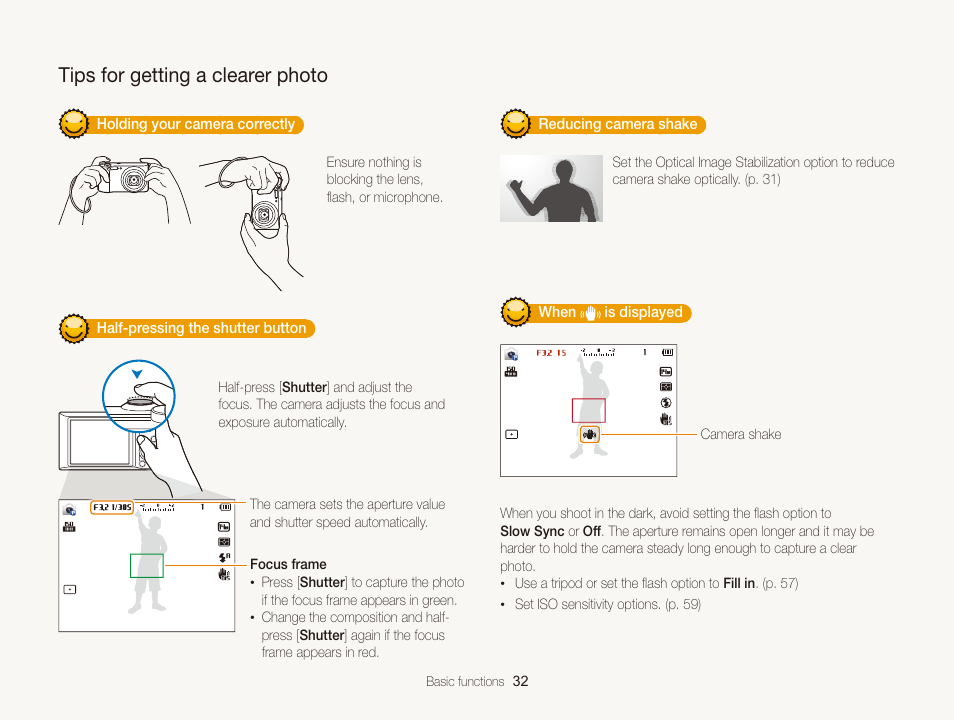 Tips for getting a clearer photo, To ensure the subject is focused. (p. 32) | Samsung EC-WB150FBPBUS User Manual | Page 33 / 160