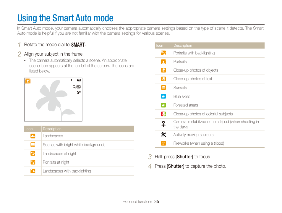 Using the smart auto mode | Samsung EC-WB150FBPBUS User Manual | Page 36 / 160