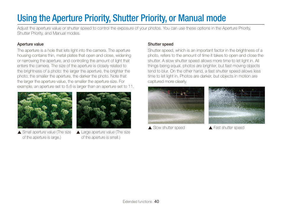 Using the aperture priority, shutter priority, Or manual mode, Using the aperture priority, shutter | Priority, or manual mode | Samsung EC-WB150FBPBUS User Manual | Page 41 / 160