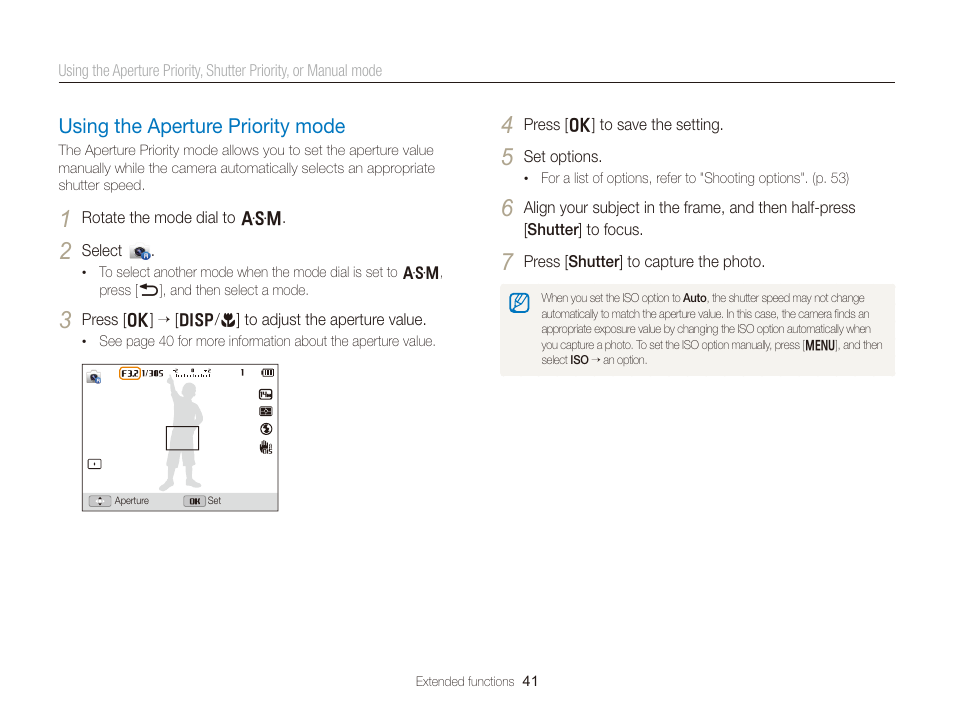 Using the aperture priority mode, Using the aperture priority mode ………… 41 | Samsung EC-WB150FBPBUS User Manual | Page 42 / 160