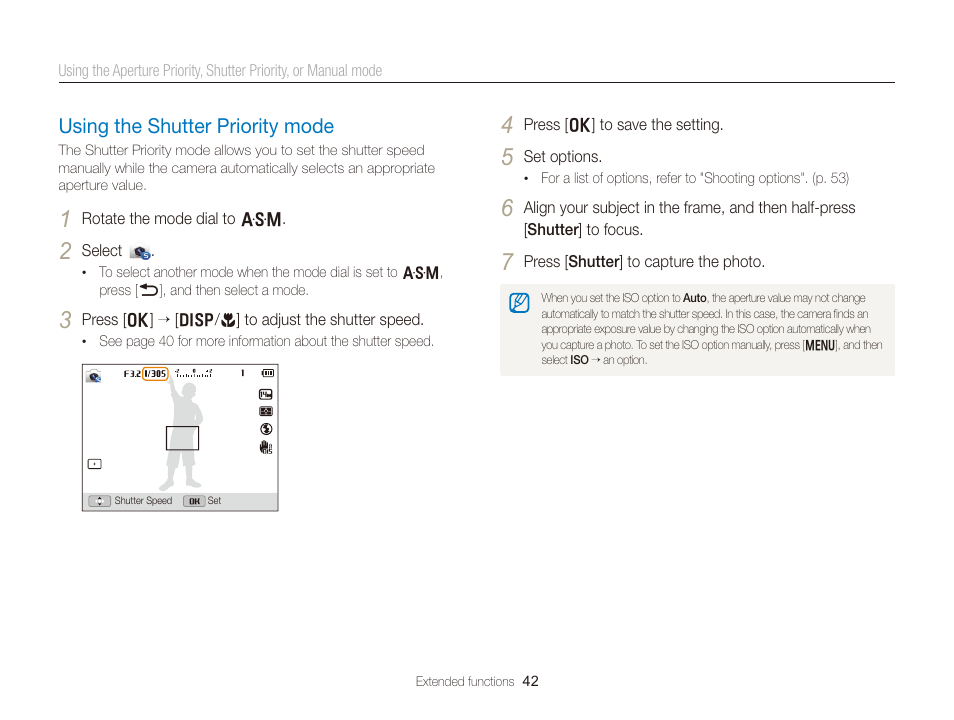 Using the shutter priority mode, Using the shutter priority mode ………… 42 | Samsung EC-WB150FBPBUS User Manual | Page 43 / 160