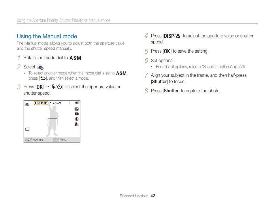 Using the manual mode, Using the manual mode ………………… 43 | Samsung EC-WB150FBPBUS User Manual | Page 44 / 160