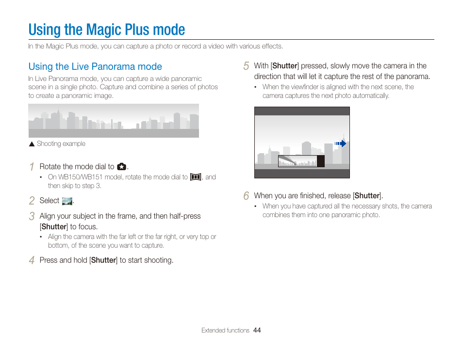 Using the magic plus mode, Using the live panorama mode, Using the live panorama mode ………… 44 | Samsung EC-WB150FBPBUS User Manual | Page 45 / 160