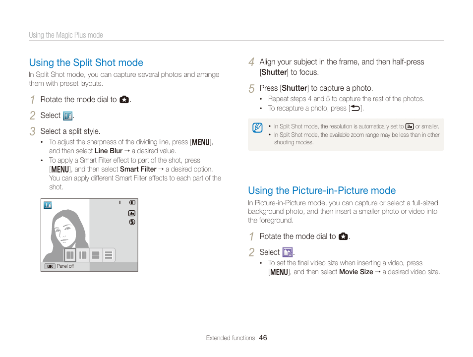 Using the split shot mode, Using the picture-in-picture mode, Using the split shot mode ……………… 46 | Using the picture-in-picture mode ……… 46 | Samsung EC-WB150FBPBUS User Manual | Page 47 / 160