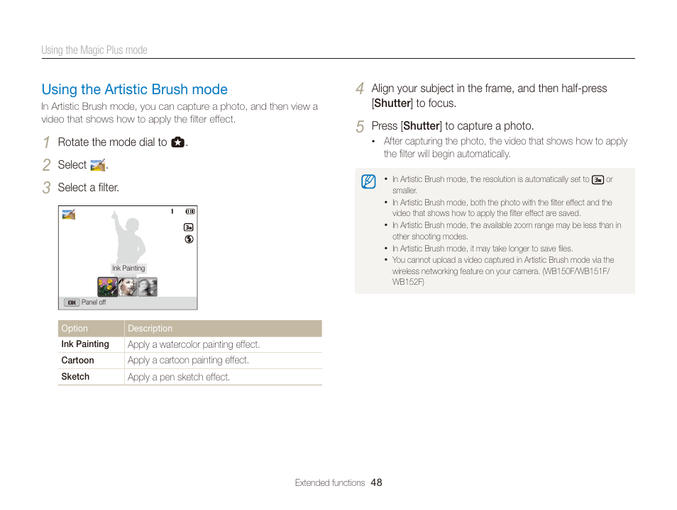Using the artistic brush mode, Using the artistic brush mode …………… 48 | Samsung EC-WB150FBPBUS User Manual | Page 49 / 160