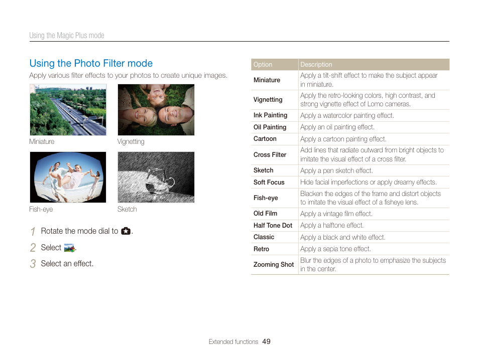 Using the photo filter mode, Using the photo filter mode ……………… 49 | Samsung EC-WB150FBPBUS User Manual | Page 50 / 160