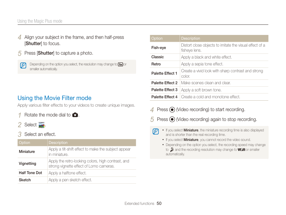 Using the movie filter mode, Using the movie filter mode ……………… 50 | Samsung EC-WB150FBPBUS User Manual | Page 51 / 160