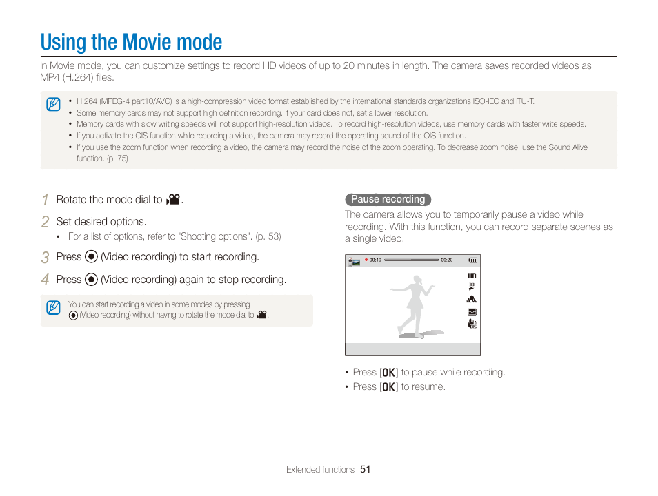 Using the movie mode | Samsung EC-WB150FBPBUS User Manual | Page 52 / 160