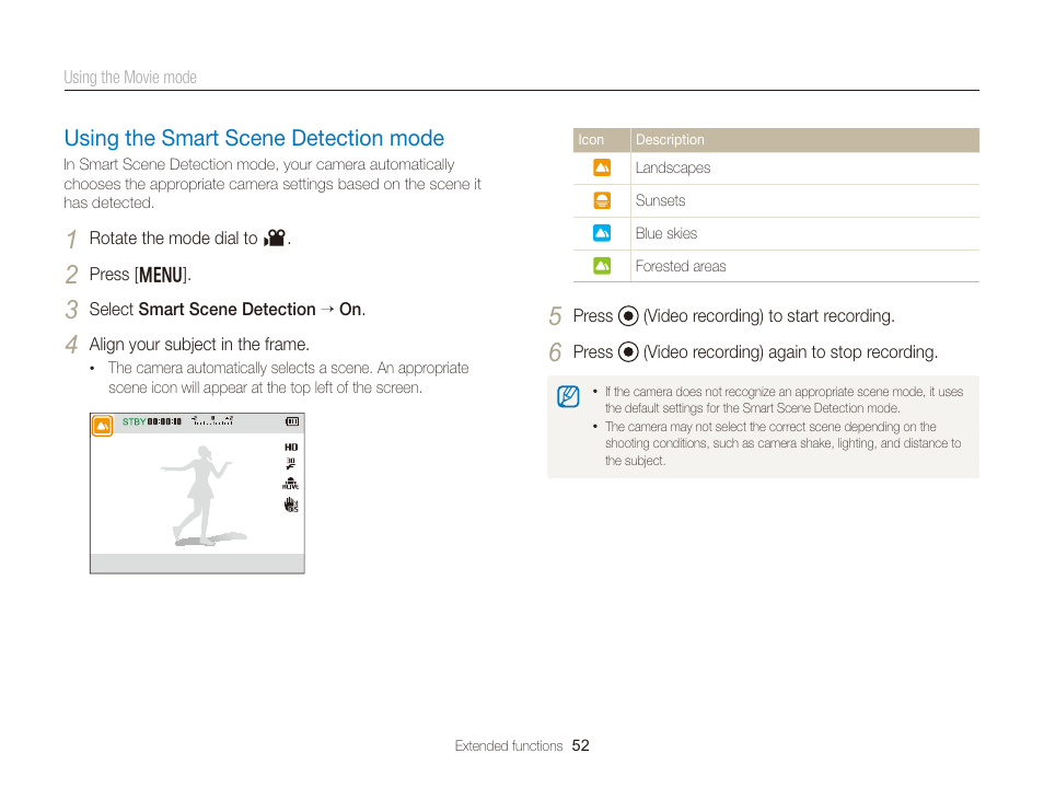 Using the smart scene detection mode, Using the smart scene detection mode … 52 | Samsung EC-WB150FBPBUS User Manual | Page 53 / 160