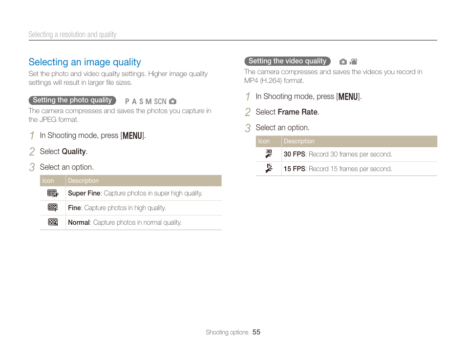 Selecting an image quality, Selecting an image quality ………………… 55 | Samsung EC-WB150FBPBUS User Manual | Page 56 / 160