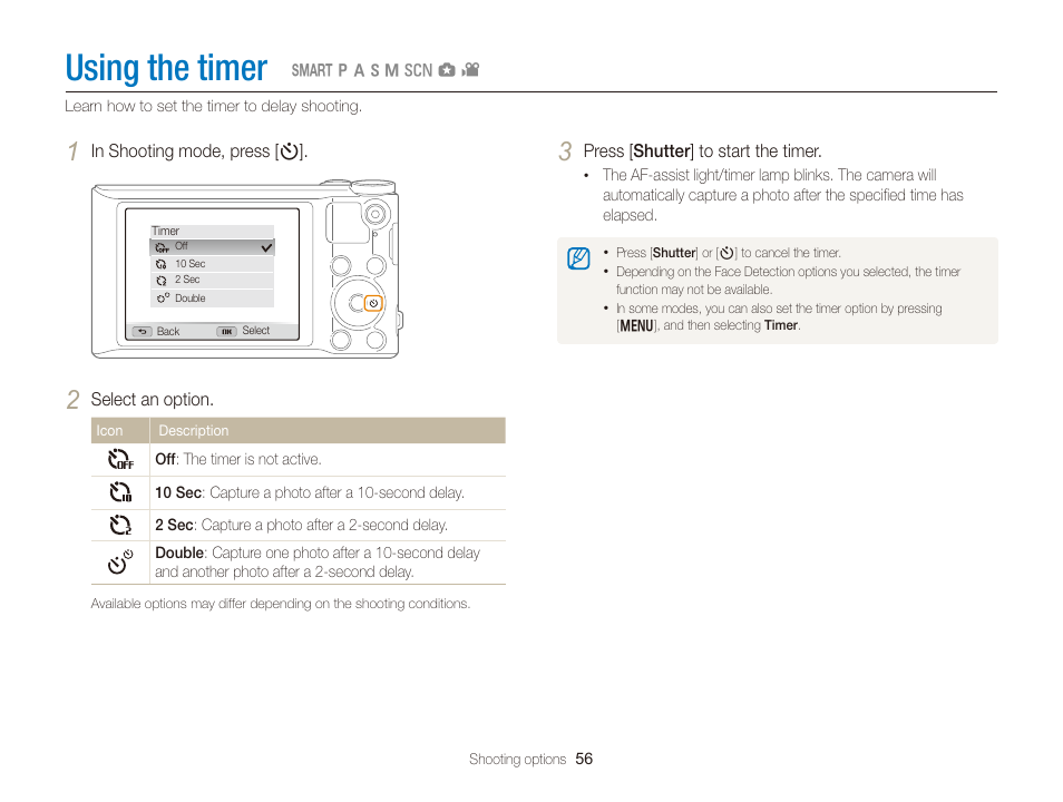 Using the timer | Samsung EC-WB150FBPBUS User Manual | Page 57 / 160