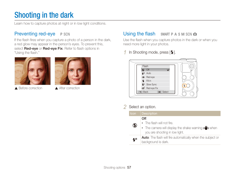 Shooting in the dark, Preventing red-eye, Using the flash | P. 57), Urn on the ﬂash. (p. 57), Using the ﬂash, Preventing red-eye ……………………… 57, Using the ﬂash …………………………… 57 | Samsung EC-WB150FBPBUS User Manual | Page 58 / 160