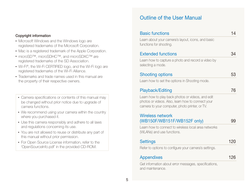 Outline of the user manual | Samsung EC-WB150FBPBUS User Manual | Page 6 / 160