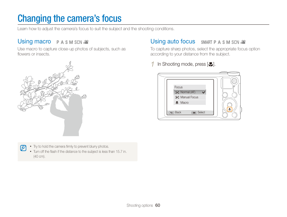 Changing the camera’s focus, Using macro, Using auto focus | Using macro ……………………………… 60, Using auto focus ………………………… 60 | Samsung EC-WB150FBPBUS User Manual | Page 61 / 160