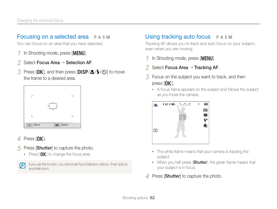 Focusing on a selected area, Using tracking auto focus, Focusing on a selected area ……………… 62 | Using tracking auto focus ………………… 62 | Samsung EC-WB150FBPBUS User Manual | Page 63 / 160