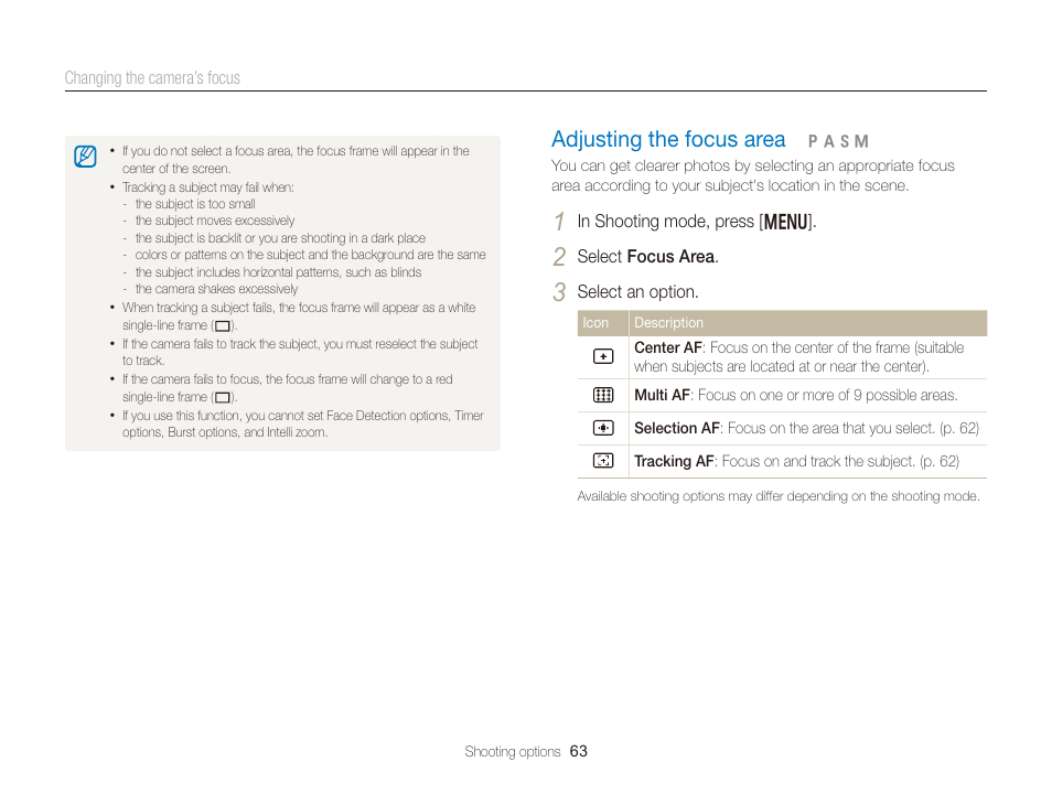 Adjusting the focus area, Adjusting the focus area ………………… 63 | Samsung EC-WB150FBPBUS User Manual | Page 64 / 160